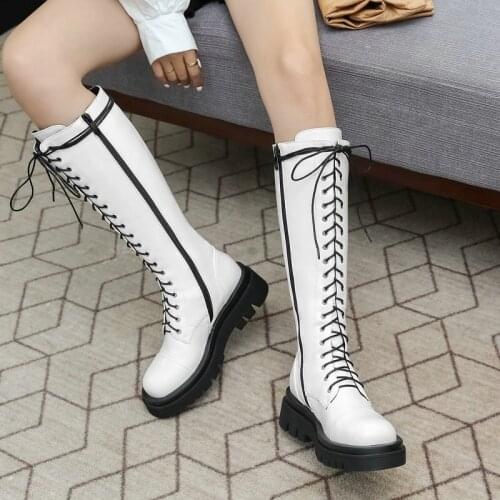 Ladies Spring Autumn PU Cross Straps Comfortable Low Heel Zipper Fashion Boots Winter Non Slip Round Toe Womens Boots