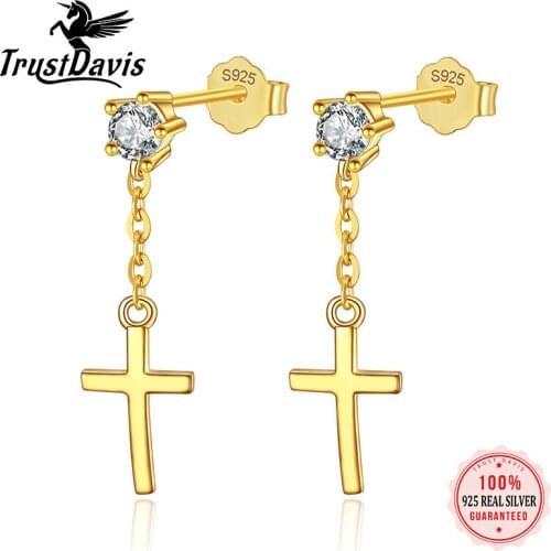 ElfoPlataSi Real 925 Sterling Silver 14K Gold Plated Simple Cross Stud Earrings For Women Prayer Church Clothing Jewelry L039