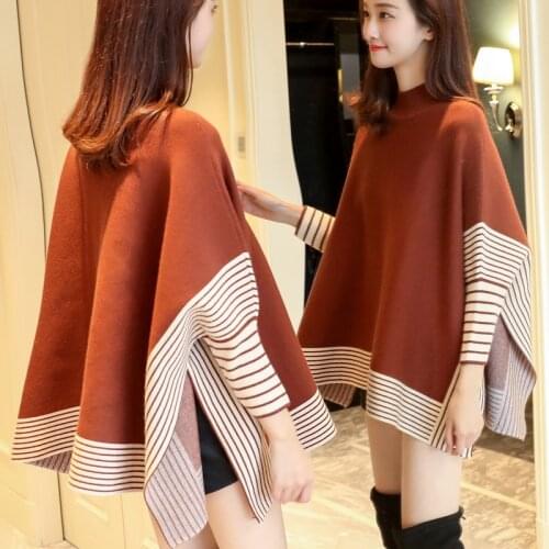 ZJZLL Wholesale Autumn Loose OutStriped Knitted Pullover Cloack Turtleneck Sweater Poncho Multifunctional Long Womens Cape Coat