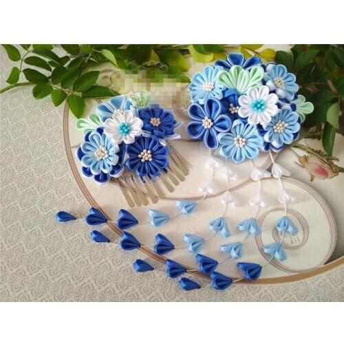 Hand Made Hairpin Cotton Cloth Hair Clip Blue Barrettes Japanese Style Anime Cosplay Tie Accessories Kimono Hanfu Retro Fan