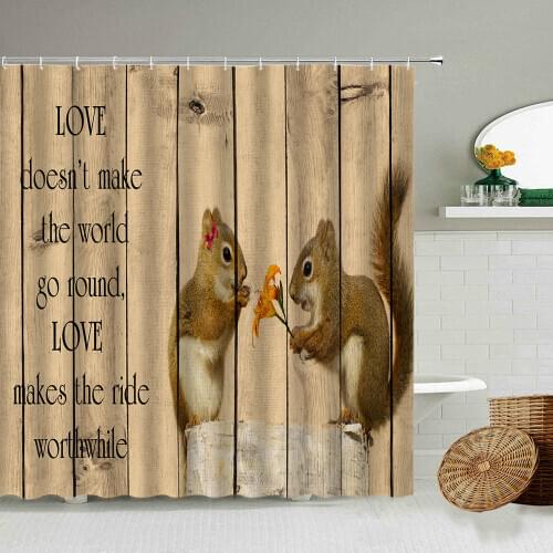 Cute Animal Squirrel Couple Shower Curtain Antique Wood Love Text Theme Bathroom Waterproof Screen Home Decoration Holiday Gift