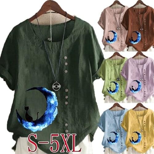 Womens Summer Round Neck Short Sleeve T-shirt Casual Linen Graphic Shirt Leisure Fashion Loose Printed Blouse Tops Plus Size