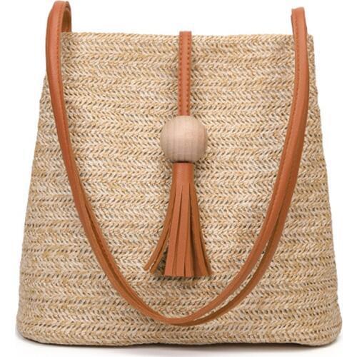 Bali Vintage Handmade Crossbody Leather Bag Round Straw Beach Bag Girls Circle Rattan bag Small Bohemian Shoulder bag(Brown)