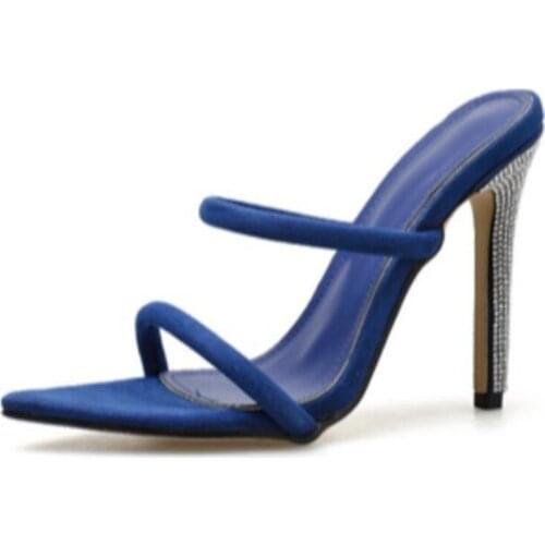 2020 Summer Women Sandals High Heels Shoes Fall Best Street Look Rhinestones Pointed Toe PU 12CM Thin High Heels Slip On Shallow