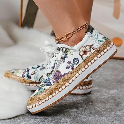 New Popular Womens Flat Shoes Mixed Color Matching And Printing Lace-up Flat Shoes Womens Casual Shallow Mouth Womens Sneakers