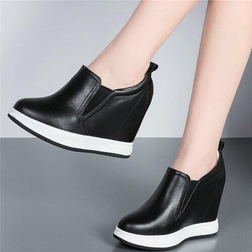 11cm High Heel Platform Oxfords Women Slip On Genuine Leather Wedges Ankle Boots Female Round Toe Fashion Sneakers Casual Shoes