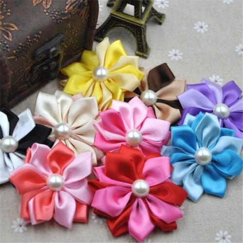 20pcs satin ribbon flowers W/pearl Appliques Craft DIY Wedding 9 Colos E273