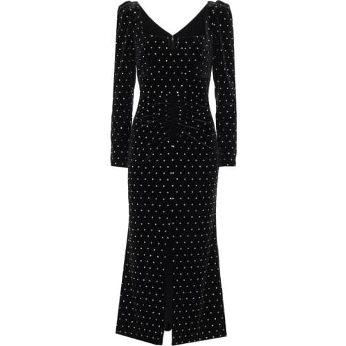 2020 New Arrival Black Color Stud-Embellished Ruched Women Midi Dress V Neck Long Sleeve Split Lady Party Dresses With Belt