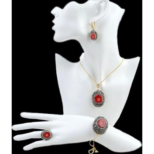 4Pcs Red Coral Pendant Necklace Earrings Adjustable Bracelet Ring African Dubai Jewelry Set Bridal Wedding Party Zircon Choker