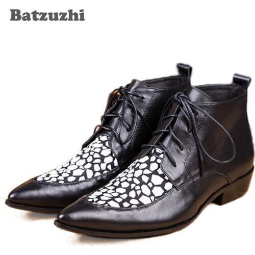 Batzuzhi Fashion Mans Black Leather Boots Pointed Fashion Mans Leather Fashion Boots Lace-up Botas Hombre, Big Size US6-12