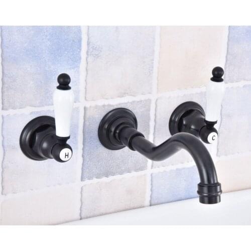 Black Oil Rubbed Bronze Widespread 3 Holes Bathroom Faucet Wall Mount Ceramic Handle Mixer Tap Lsf495