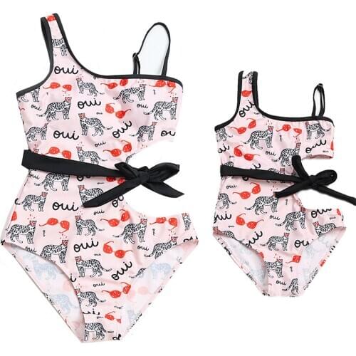 Mother Kids Swimsuit Summer Full Leopard Glasses Printing Kids Singal Shoulder Matching Bathing Suit Children Swimwear Clothes