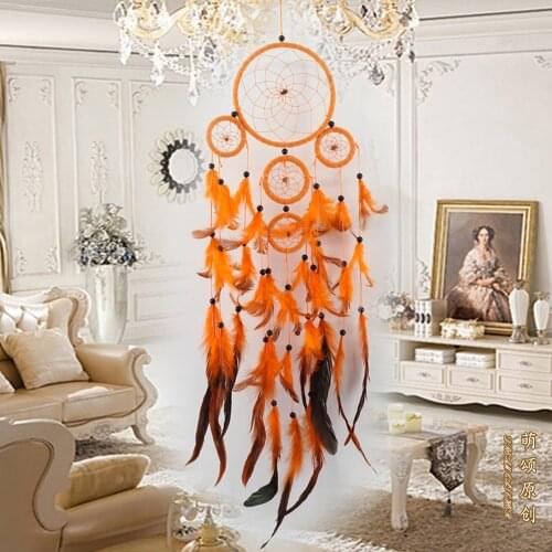 5 rings Orange Dream Catcher Handmade Dreamcatcher Net with Feather Wall Hanging Decoration Home Car Mascot Gifts