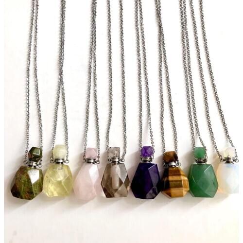 Perfume Bottle Natural Gems Stone Pendant Necklace Faceted Essential Oil Bottle Charm Jewelry Decoration Girls Women Accessorie