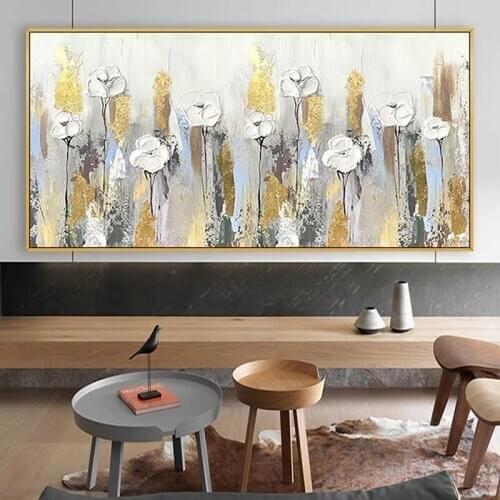 Goldleaf Flower Picture 100% Hand Painted Modern Abstract Oil Painting On Canvas Wall Art For Living Room Home Decor No Frame