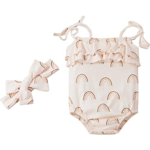 Newborn Baby Girl’s Lace-Up Suspender Romper Summer Sweet Printing Ruffles Stitching Jumpsuits and Headband Costume