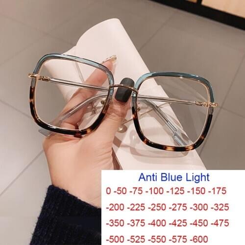 Fashion Blue Light Blocking Myopia Glasses 0 TO -6 Unisex Clear Lens Computer Goggles Ovesized Square Womens Spectacle Frames