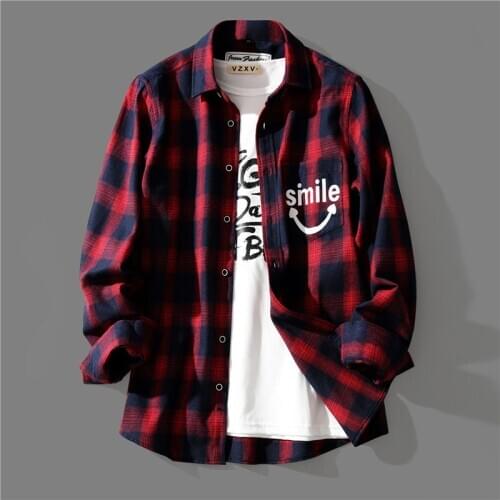 2020 Mens Cotton Plaid Fashion Shirt Long Sleeved Male Youth Casual Korean Smile Letters Print Streetwear Camisas Para Hombre