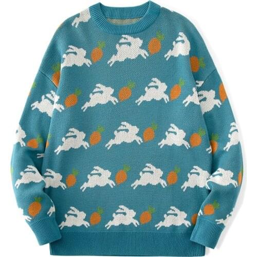 Men Casual Sweaters Harajuku Cartoon Sweater Round Neck Mens Fashion Pullover Bunny Pattern Long Sleeve Knitted Male Pullovers