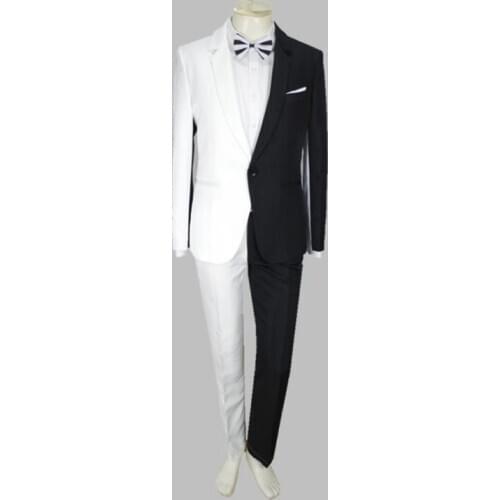 Jacket + pants new black white suit luxury personality suits male party blazers men wedding suit men fashion slim graduation coa