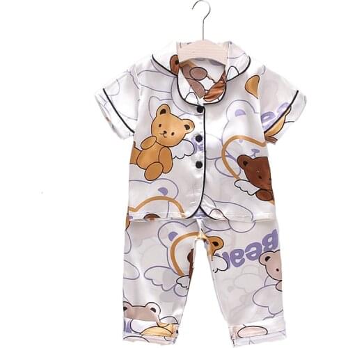 Summer new babys soft ice silk pajamas set childrens Lapel bear print short sleeve trousers Two Piece Pajamas Set