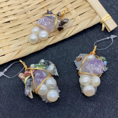 Freshwater Pearl Pendant Grape-shaped Amethyst Inlaid Pearl Hand-wound Copper Wire Crafts Handmade DIY Lady Necklace Pendant