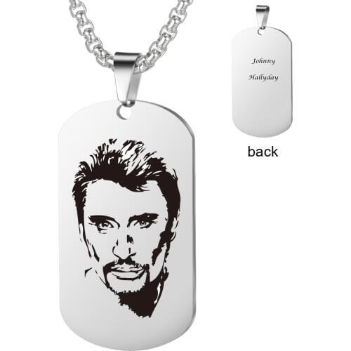 Silver Plated 2 Sides Engraved French Rocker Johnny Hallyday Photo Necklace Pendant female male bijoux femme SL-049