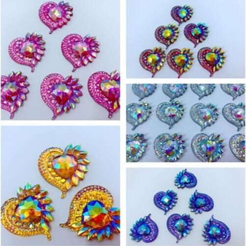 Multicolor big rhinestones heart shape crystal 34*31mm Sew On gem stones flatback resin strass 20pcs/lot
