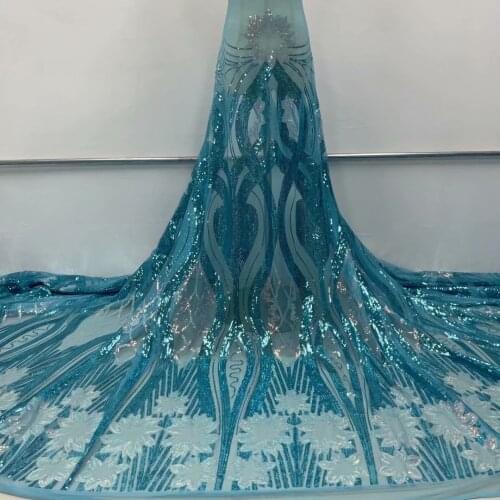 Blue French Lace Fabric With Sequins High Quality African Net Tulle Material Dentelle Nigerian Mesh Cloth For Sewing Dress JN14