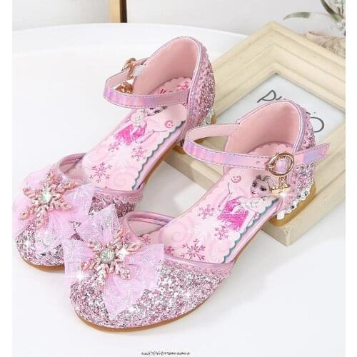 Disney Princess Kids Leather Shoes for Girls Casual Glitter Children Frozen Elsa Girls Dance Shoes Butterfly Knot Blue Pink