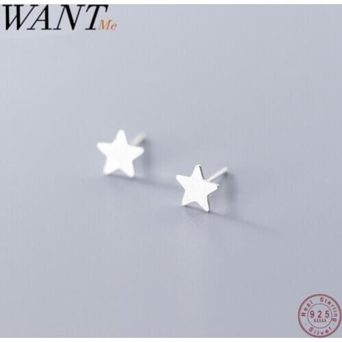 WANTME New Genuine 100% 925 Sterling Silver Minimalist Glossy Star Stud Earrings for Women Student Teen Birthday Jewelry Gift
