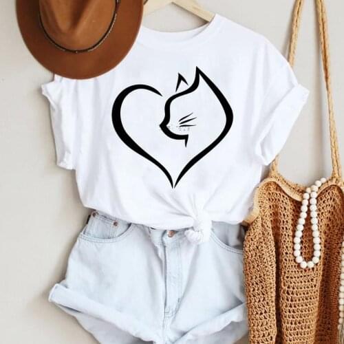 Women Cartoon Cat Love Heart Lovely Watercolor 90s Fashion Summer Lady Print Tee Graphic T Top Female Tshirts Clothes T-Shirt
