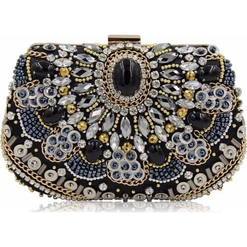 19x11CM Retro Beaded And Diamond Dinner Bag Womens Banquet Clutch Bag Black Jewel Bag Handmade Embroidery a6905