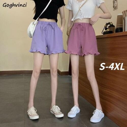 Oversize Shorts Women Sweet Ruffles New Causal Summer Pure Color Female Drawstring Student All-match Street BF Style Korean Chic