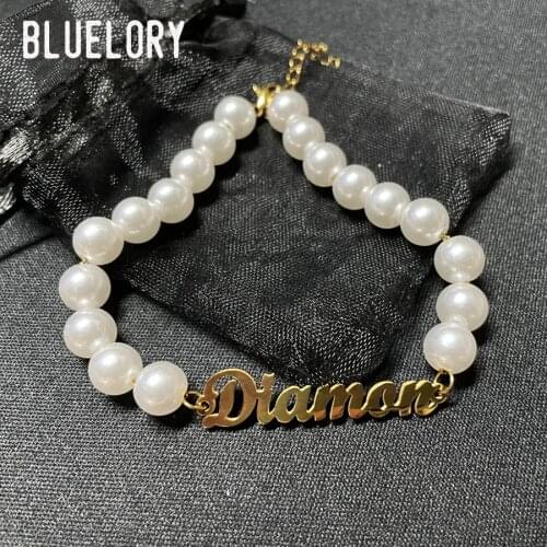Bluelory Custom Pearls Beaded Name Bracelets For Women Fashion Stainless Steel Nameplate Wedding Bracelet Girlfriend Gift