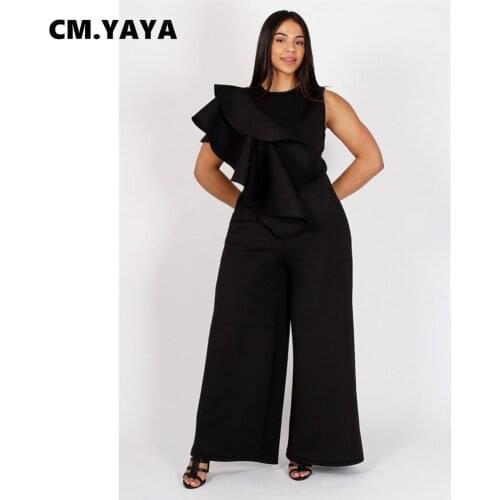 CM.YAYA Women Plus Size Jumpsuits Solid Ruffles Zipoper Pockets Loose Jumpsuit Fashion One Piece Overalls Casual Rompers Summer