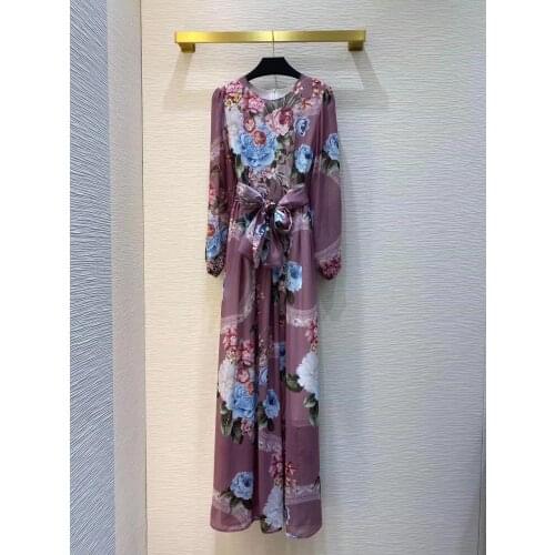 2021 Spring Summer Women Fashion Design Runway Dresses Long Sleeve Belt Vintage Flora Print Dresses Elegant Slim Long Dress