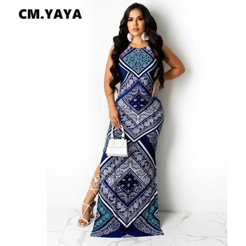 CM.YAYA Women Long Dress Print Sleevless Strap Backless Splited Maxi Dresses Fashion Vintage High Streetwear Summer Outfits 2021