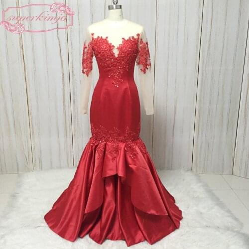 Real red prom dresses 2020 sheer crew neckline lace appliques beading sequins mermaid long sleeve evening gowns dresses