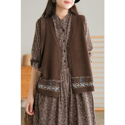 21New Women Vests Autumn Spring Mori Girl Style Jacquard V-Neck Collar Female Fashion Tops Cotton Tide