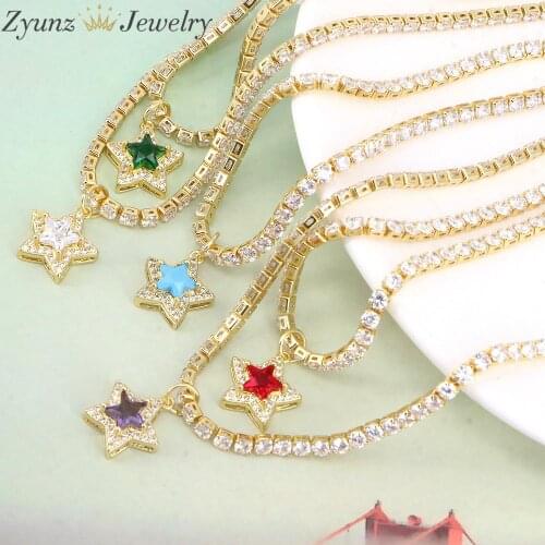 5PCS, Ice Out Star Crystal Pendant Necklace For Women Gold Color Tennis Chain Choker Necklace Female Fashion Statement Jewelry