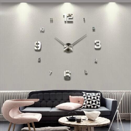 Large DIY Wall Clock Home Decor 3D EVA Foam & Mirrors Acrylic wall mirror clock Stickers Cool Big Timer Silver and Black