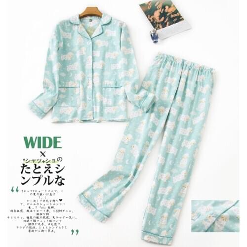 Print Floral Homewear Suit Womens 100% Cotton 2-piece Pajamas Long Sleeve Sleepwear Autumn Pijama Female Kawaii Cartoon Pyjamas