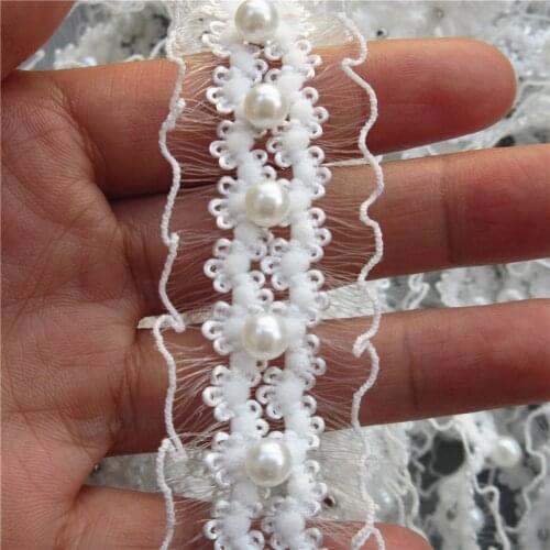 1 Yard White Pearl Beaded Elastic Lace Trim Tape Lace Ribbon Fabric Collar Dress Sewing Garment Headdress Materials 25mm width