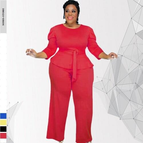 Elegant 4xl Womens Clothing Plus Size Belt Long Sleeve Tops Pure Color Casual Fashion Loose 2 Piece Sets Wholesale Dropshipping