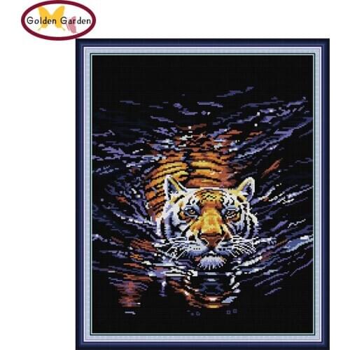 GG Tiger In Water Animail Joy Sunday Painting Cross Stitch Embroidery Needlework Cotton Canvas 14CT Cross Stitch for Home Decor