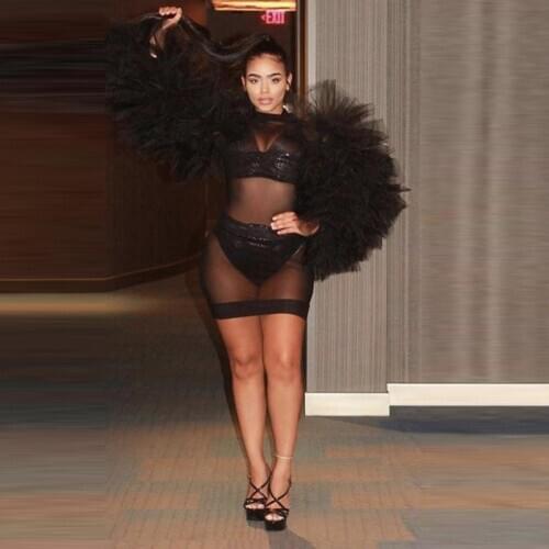 Hot Girl Black Tulle Prom Dresses See Thru Women Ruffles Sleeves Prom Gowns vestido de curto Mini Prom Dresses For Party Sheer