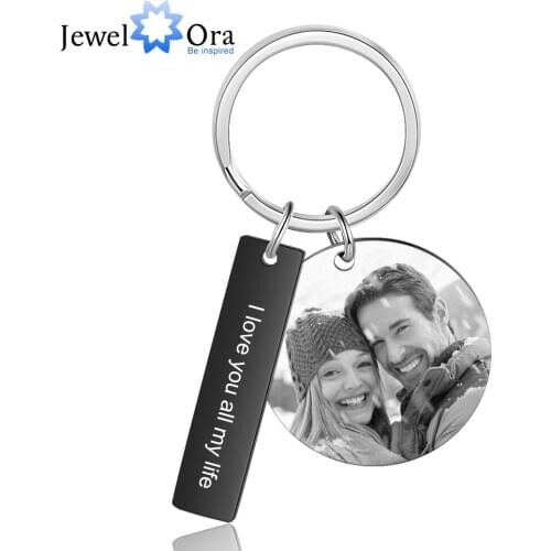 JewelOra Personalized Photo keychains for Ladies Stainless Steel Black Color Engraved Date Calendar Keyring Gifts for Lovers
