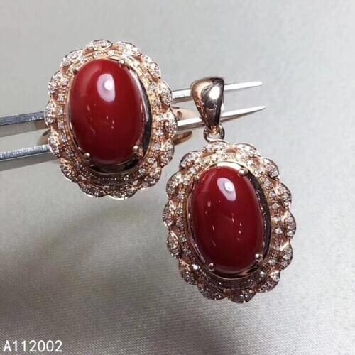 KJJEAXCMY fine jewelry natural red coral 925 sterling silver women gemstone pendant necklace ring set support test trendy