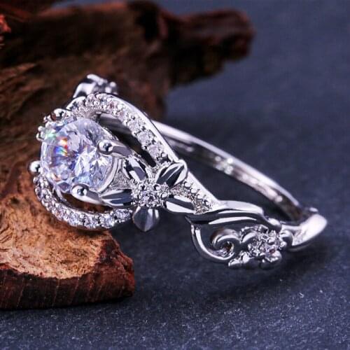 JK Classic Vintage Plant Ring Romantic Leaf&Cherry Design Silver Color With Dazzling Cubic Zircon Stone Flower Wedding Ring